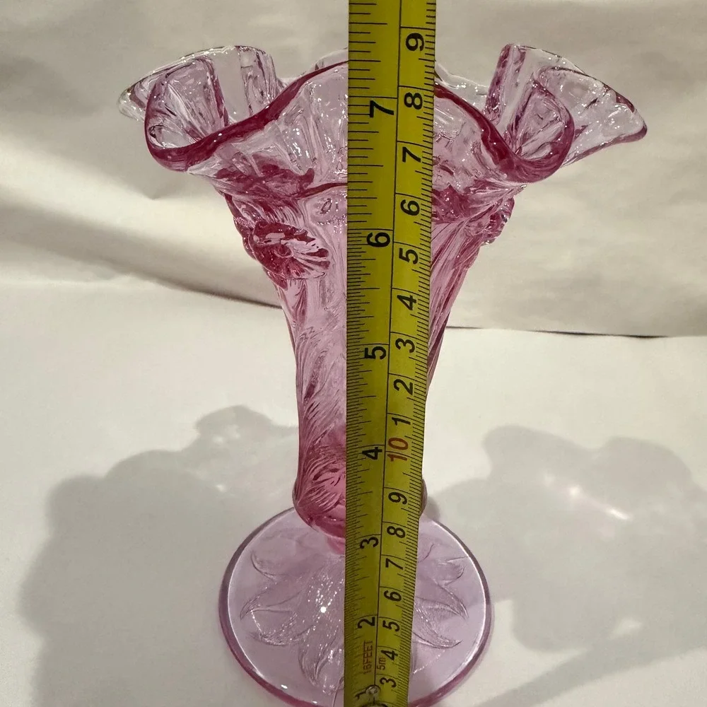 Fenton Empress Rose Pink Glass Vase Daffodil Embossed Ruffled Crimped Footed - Picture 7 of 8